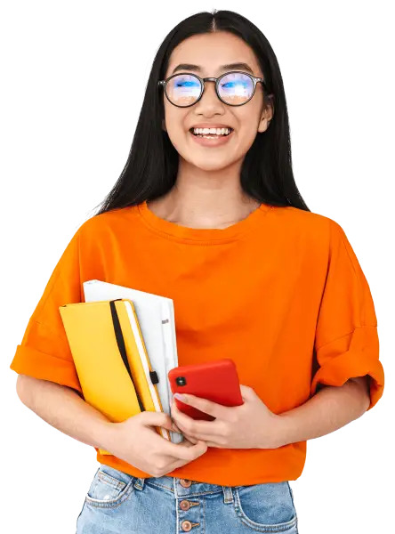 asian happy student girl holding smartphone