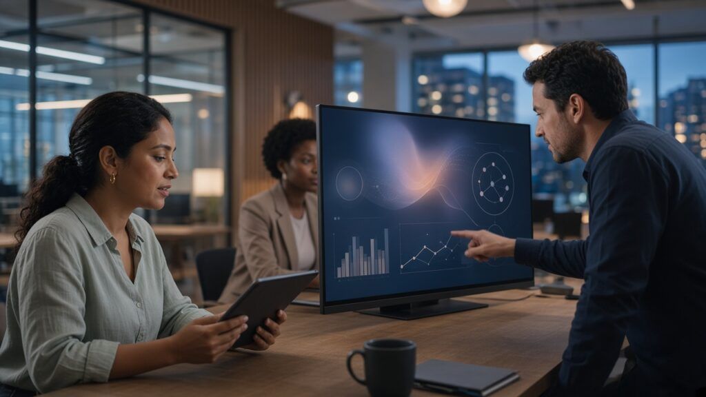 Professionals collaborating over an AI-powered corporate learning dashboard