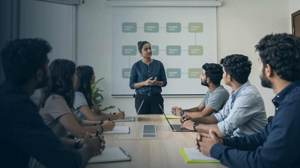 Woman presenting a flowchart on a whiteboard to colleagues seated at a conference table with laptops