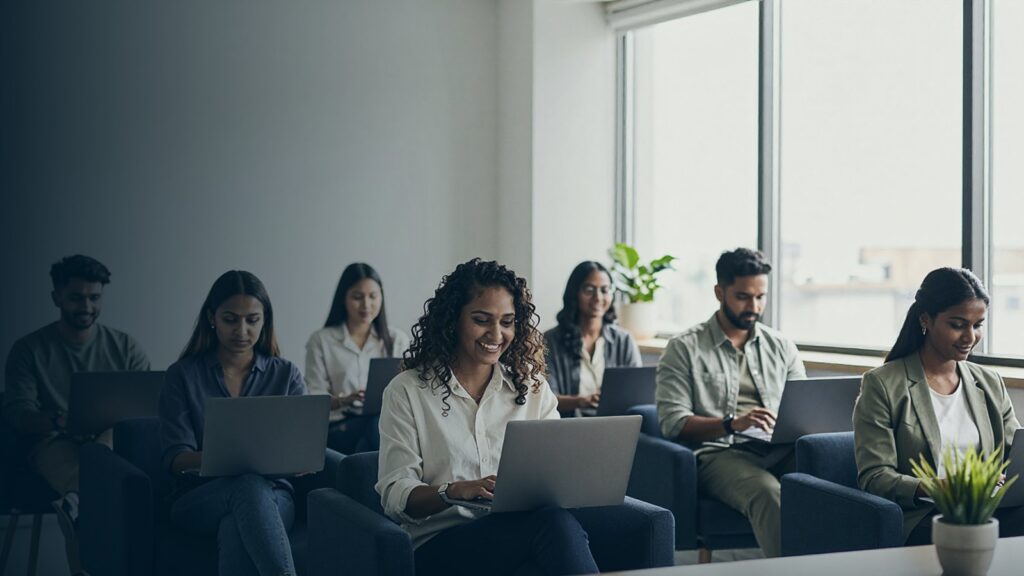 Smiling woman working on a laptop in a bright, calm room with other people working on laptops by large windows