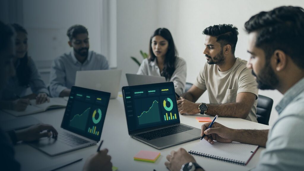 Team meeting at a table with laptops showing charts and dashboards while a man takes notes