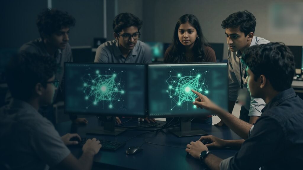 Group of young learners gathered around two monitors showing glowing network graphics while one points at the screen